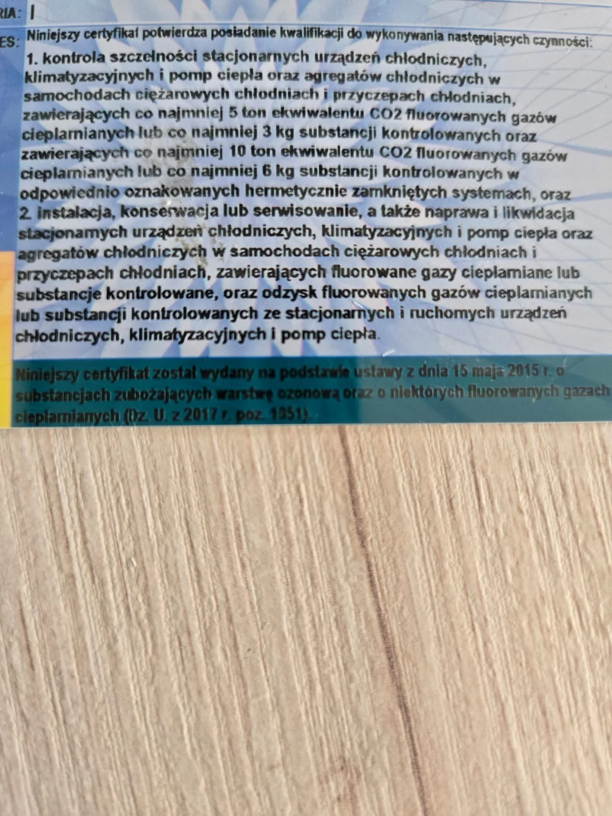 zakres certyfikatu F-gaz pompy ciepła urządzenia chłodnicze klimatyzacyjne