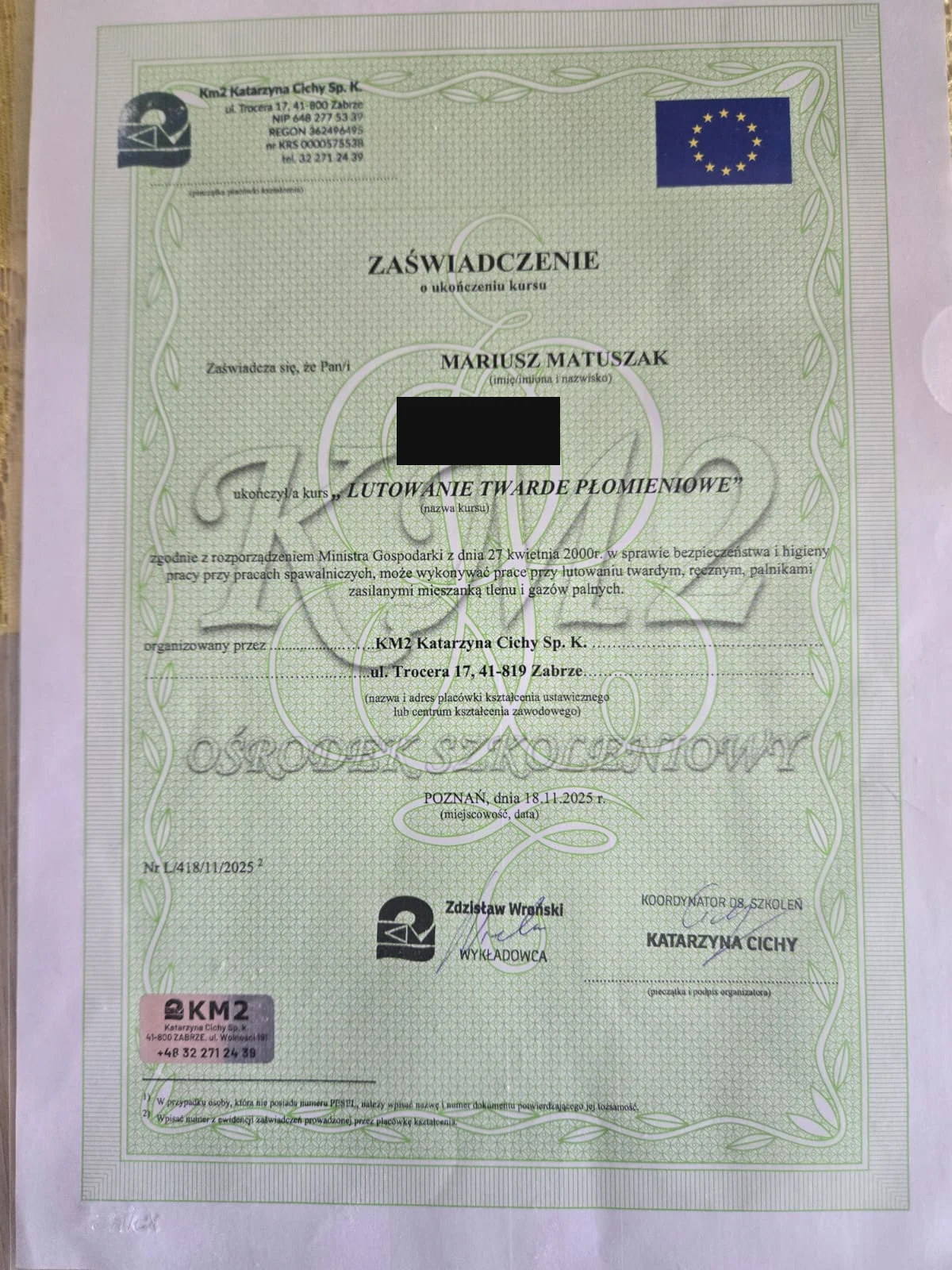 zaświadczenie lutowanie twarde płomieniowe Mariusz Matuszak